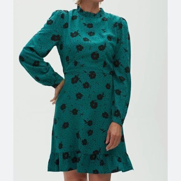 NWT SugarHill Casia Frills Minidress Green Black Floral Long sleeve Medium - Picture 1 of 7